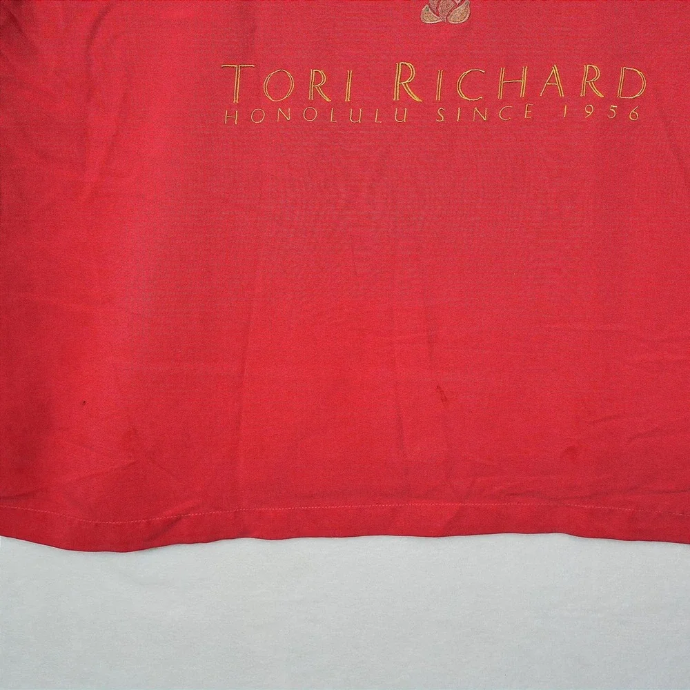 Tori Richard Mens Size XL Red‎ Silk Embroidered Palm Tree Honolulu Camp Shirt